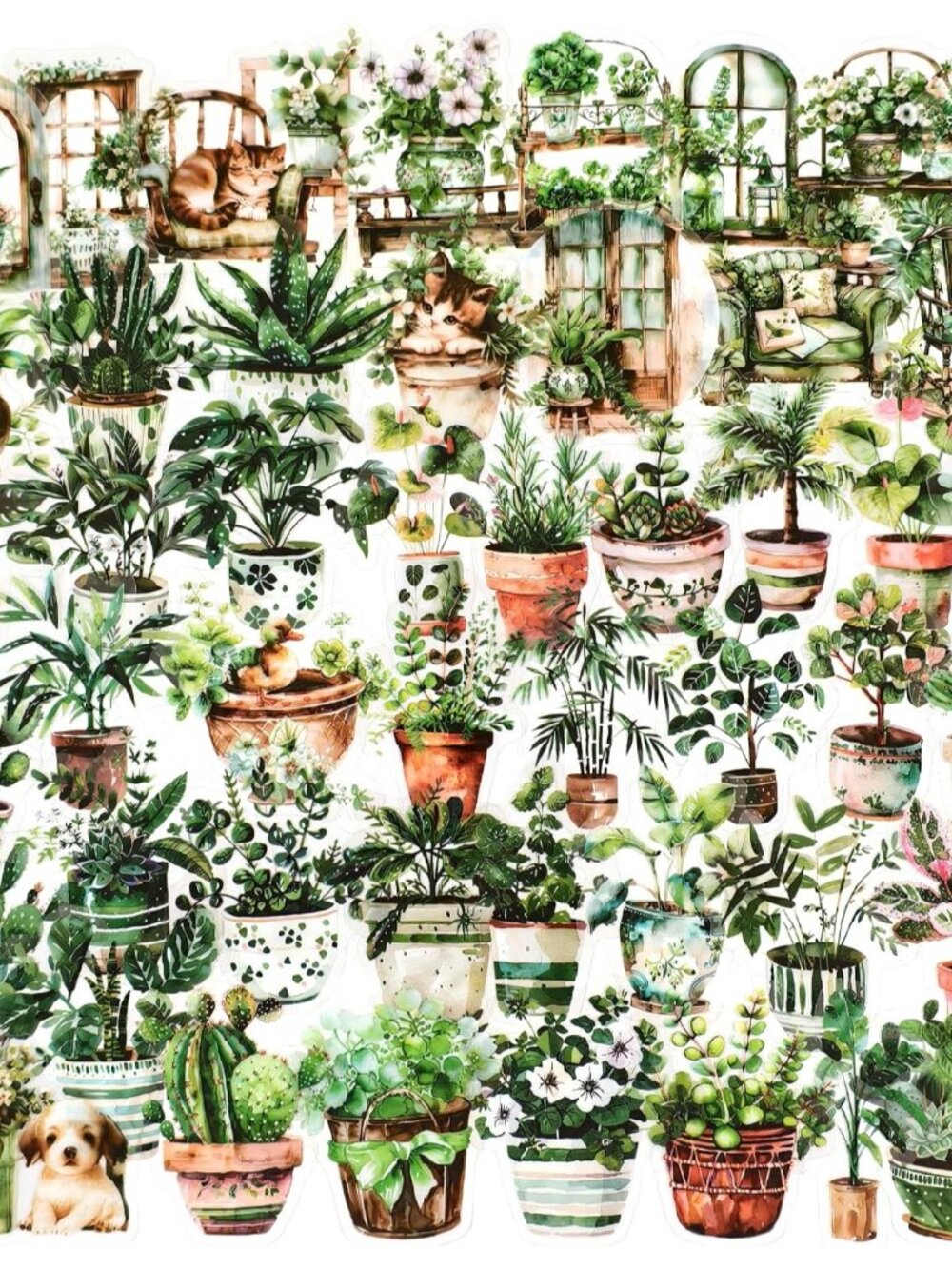Green Plant Stickers - 50 Pcs Clear PET Nature Botanical Floral Stickers for Scr
